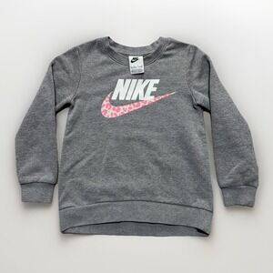 Nike Sweatshirt Girls 5 S Gray Pink Leopard Print Swoosh Fleece Pullover Logo